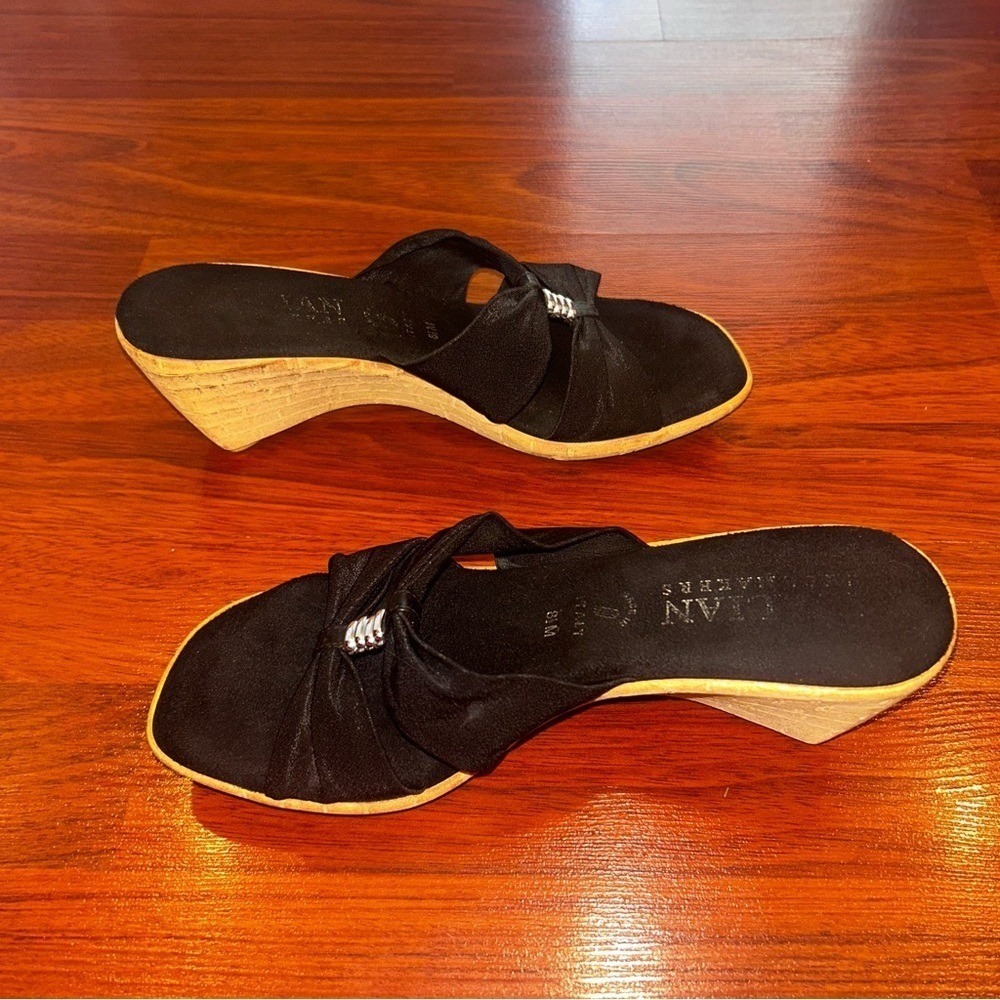 Italian Shoemakers Black Bow Wedge Sandals Slide Mules Made in Italy Womens 8.5M - Picture 4 of 8